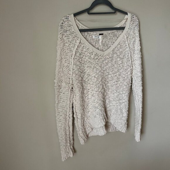 Free People Cream Open Knit Popcorn Texture V Neck Chunky Oversized Sweater XS - Picture 4 of 8